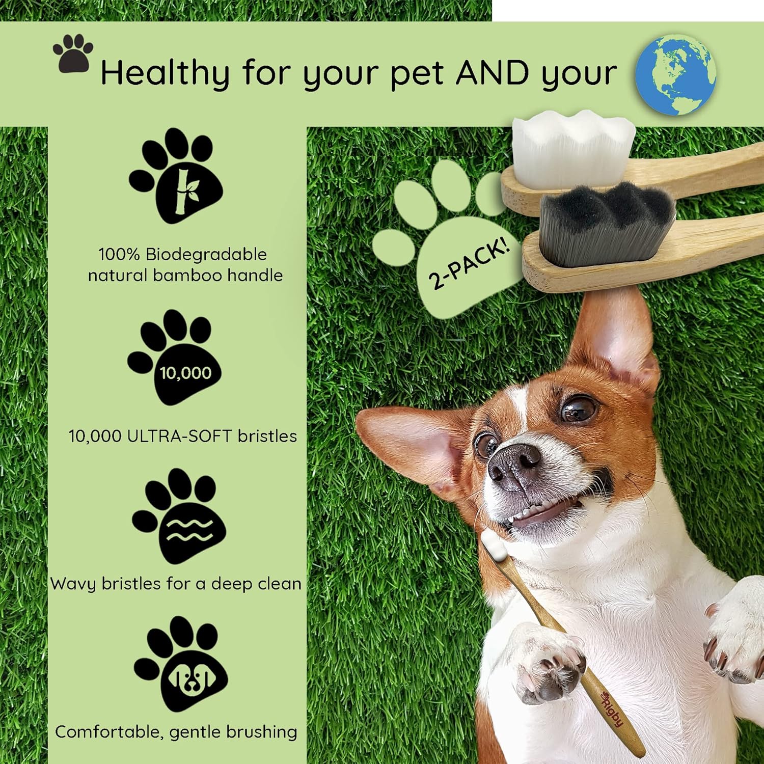 Side profile of eco-friendly Oh Rigby bamboo pet toothbrush