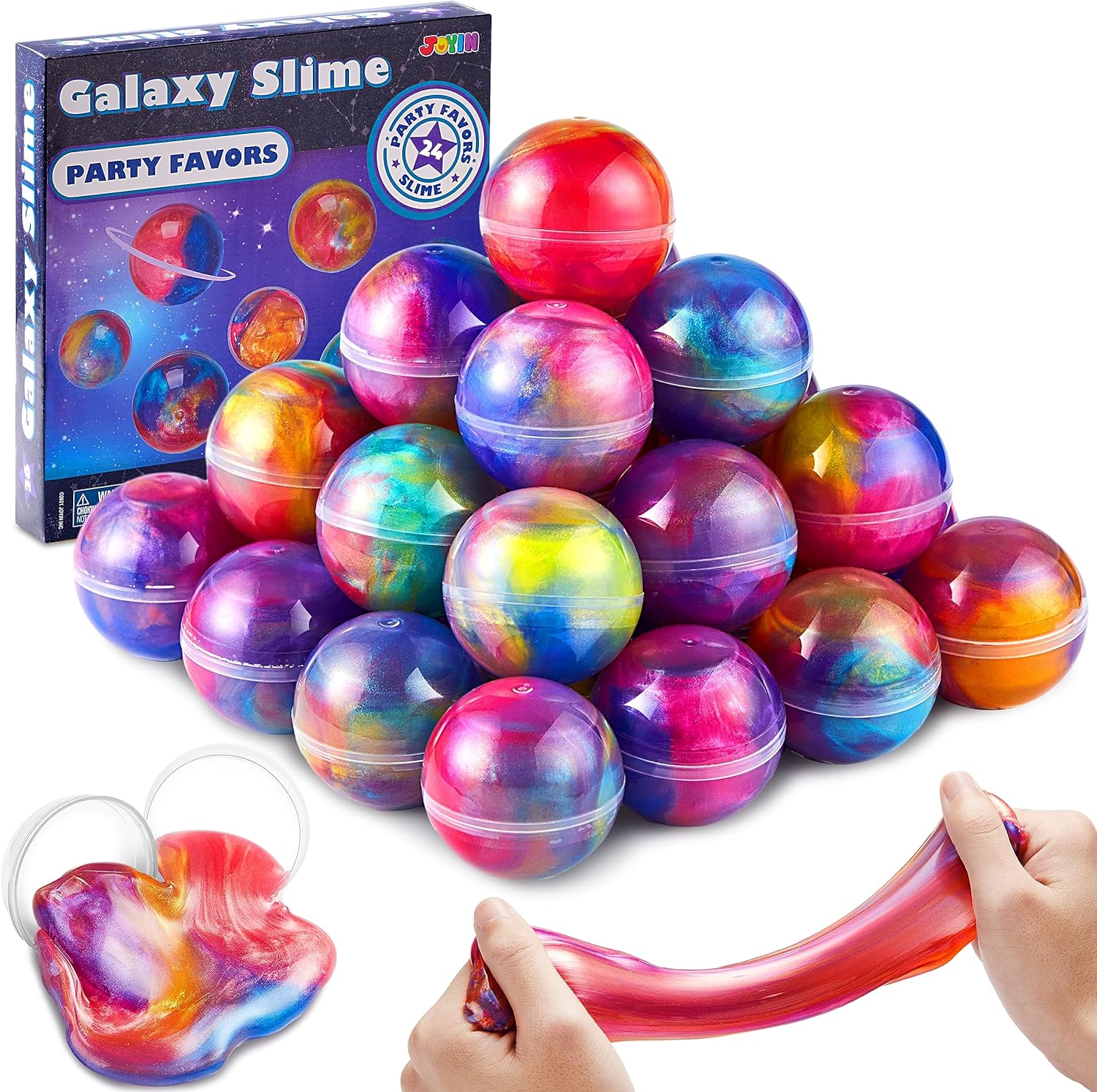 JOYIN Galaxy Slime Ball Party Favors twenty-four pack front packaging view showcasing vibrant cosmic colors.