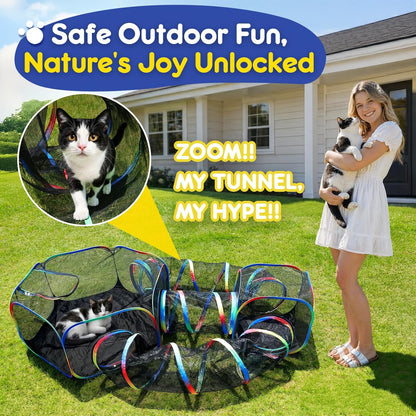 Collapsible mesh pet playpen and tunnel system set up on outdoor grass with ground stakes.