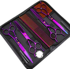 Complete imported six in one dog grooming shears kit packed securely in case