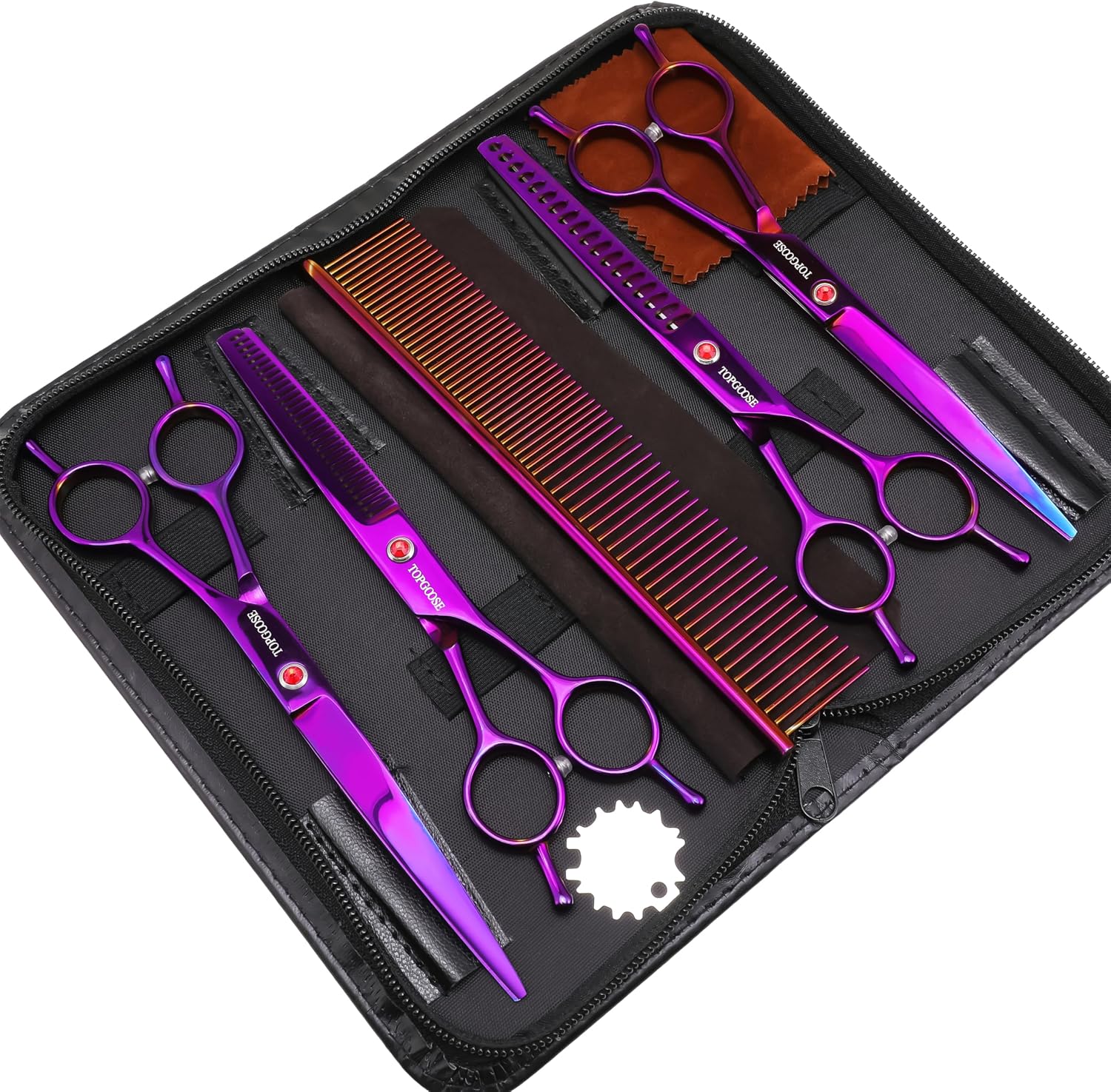Complete imported six in one dog grooming shears kit packed securely in case