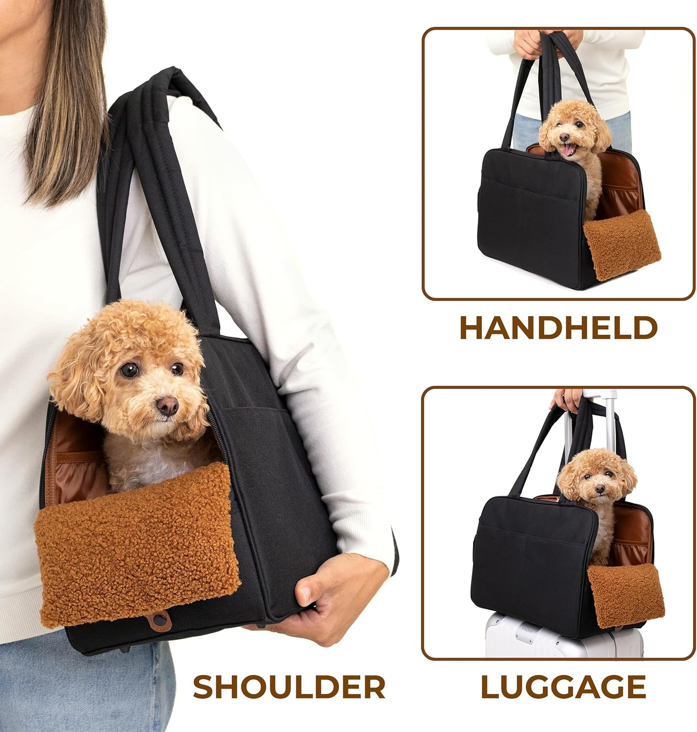 Durable polyester fabric detail on Wagfur black dog carrier