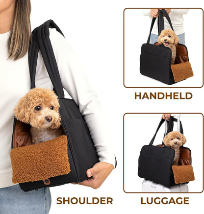 Durable polyester fabric detail on Wagfur black dog carrier
