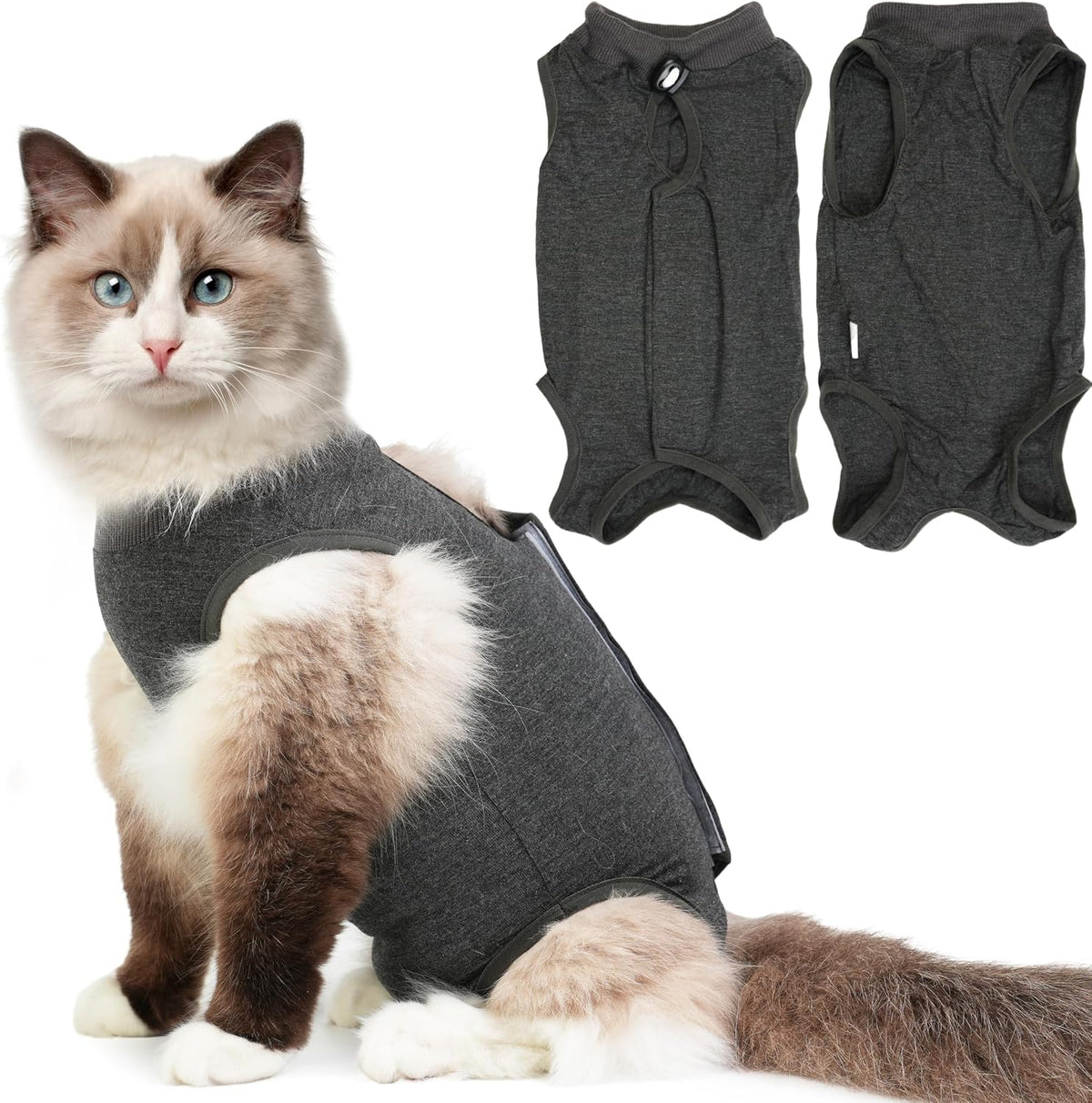 Hpetppy cat recovery suit dark grey front view for post-surgery