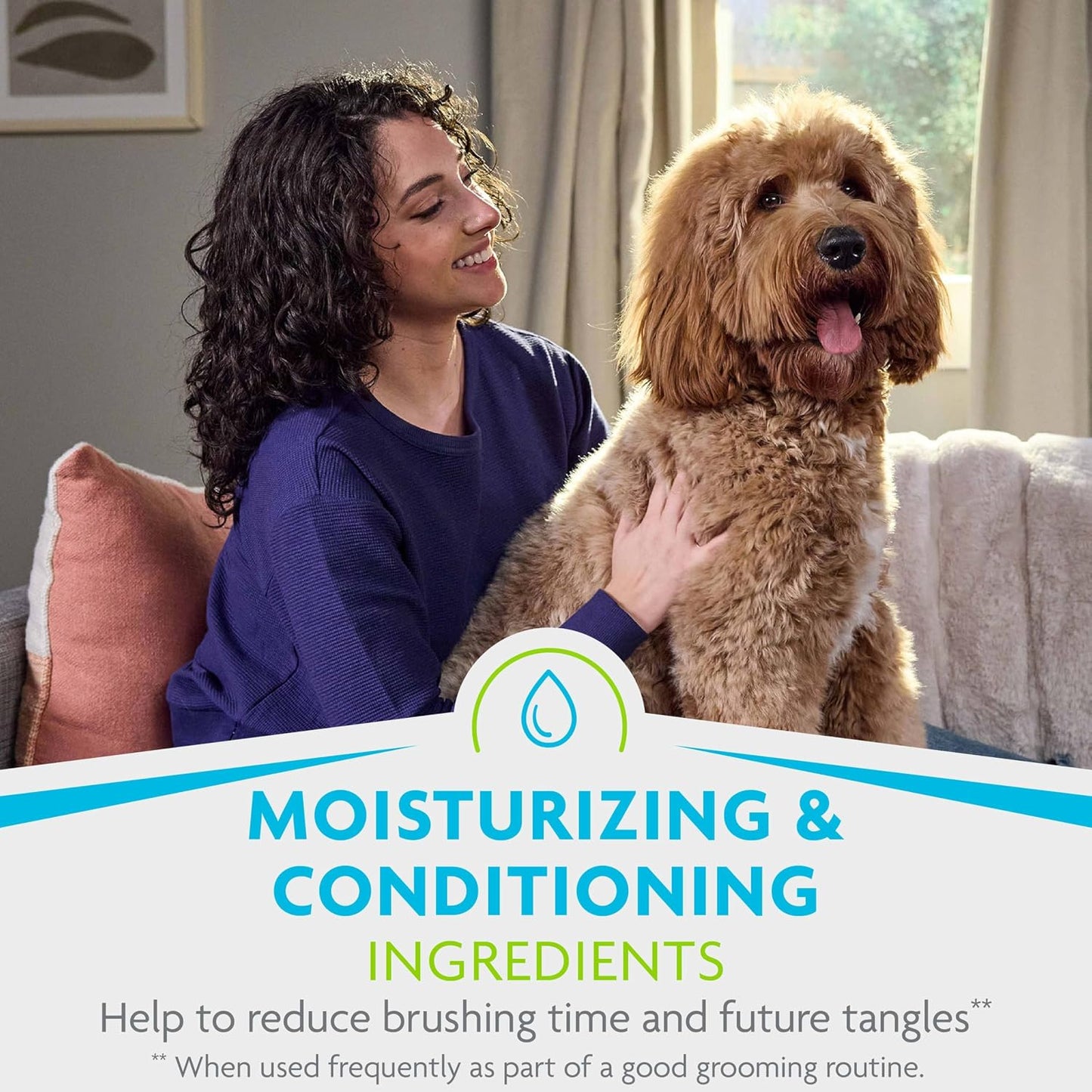 Applying FURminator detangling leave in spray on a curly dog coat