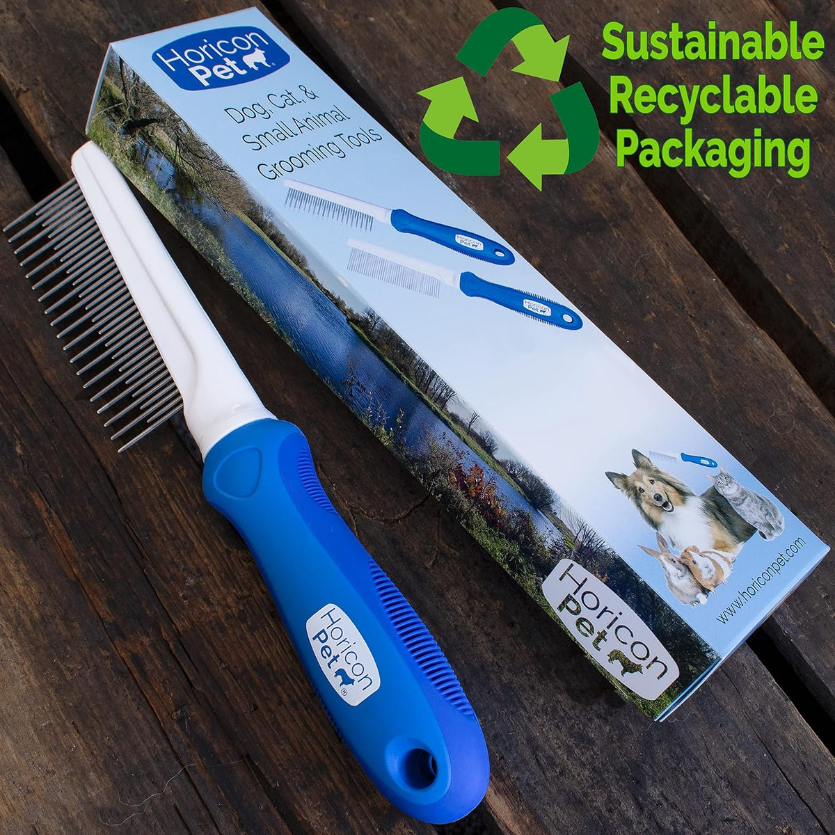 Horicon Pet detangler tool packaging box next to the blue and silver metal pet comb
