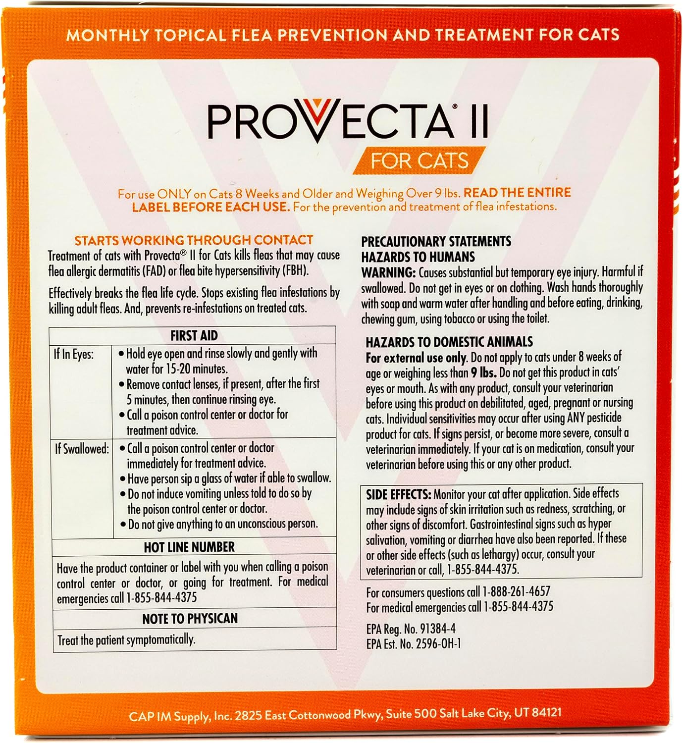 Top perspective view of Provecta II flea and egg topical treatment for cats over nine pounds.