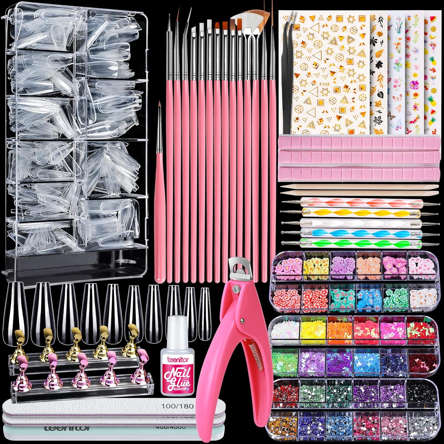 Teenitor acrylic fake nails kit with 600 clear coffin tips and nail art brushes