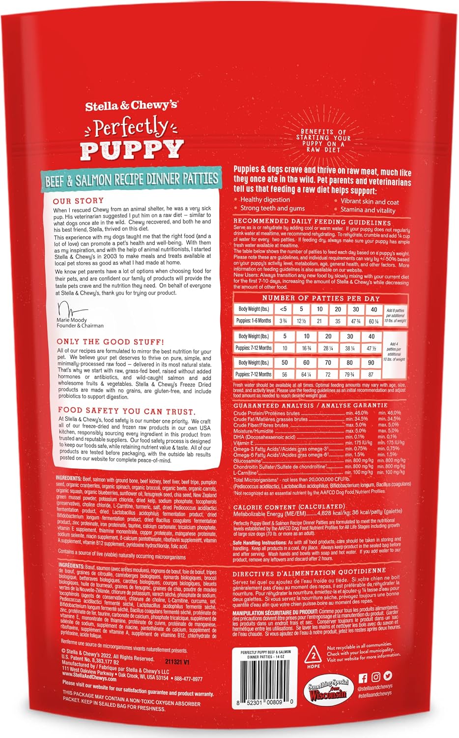 Stella & Chewy's raw freeze-dried puppy food bag showing natural beef and salmon ingredients.