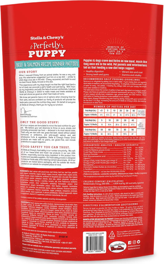 Stella & Chewy's raw freeze-dried puppy food bag showing natural beef and salmon ingredients.