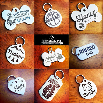 Pawsitively Pet Tags authentic USA imported stainless steel identification plate tailored for durable daily use on active dogs.