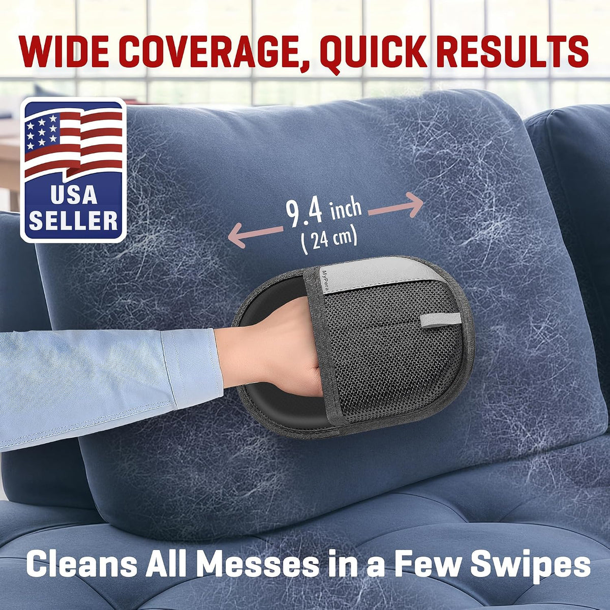 Electrostatic pet hair glove removing cat fur from living room sofa