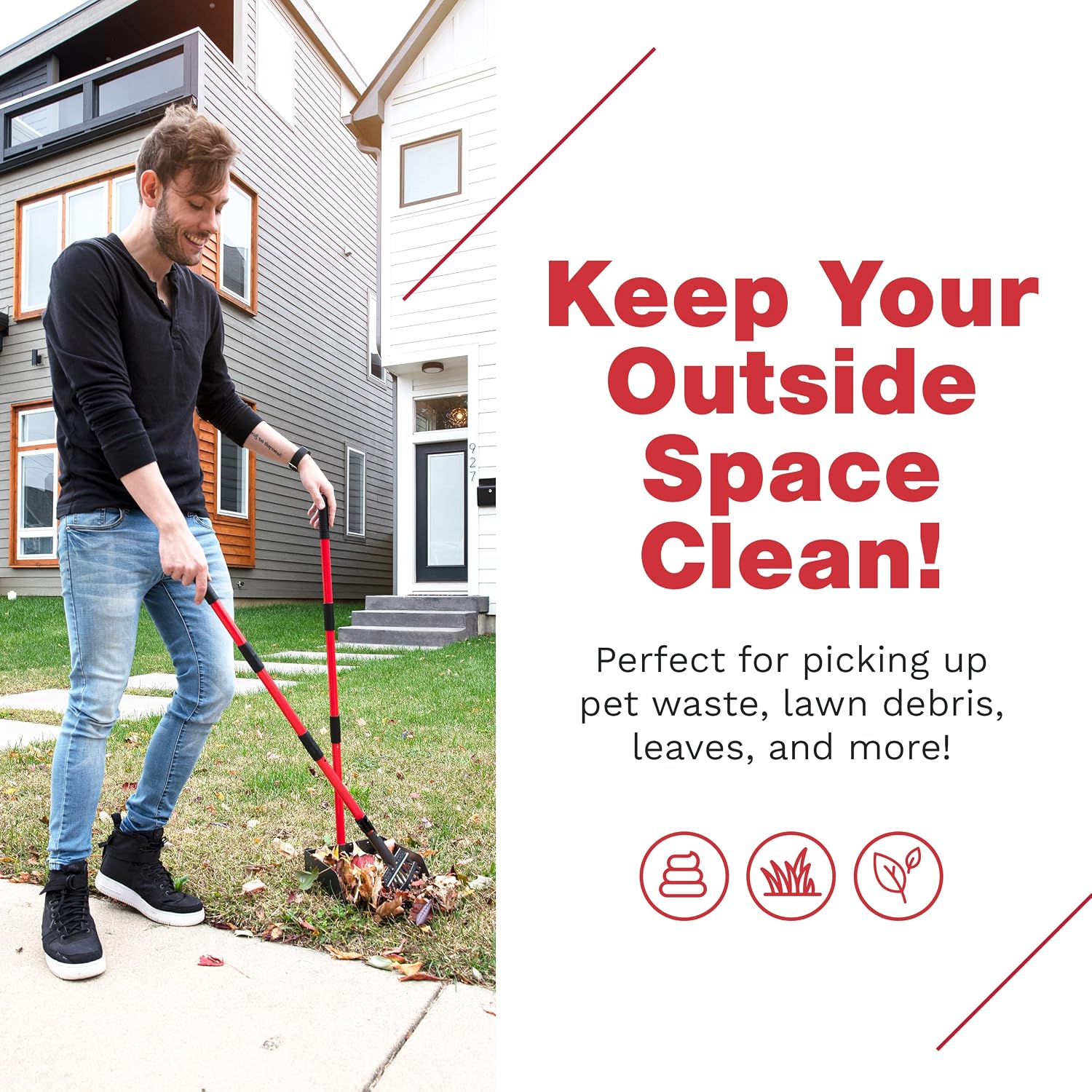 Pawler long handle dog poop rake and tray resting on green yard grass.