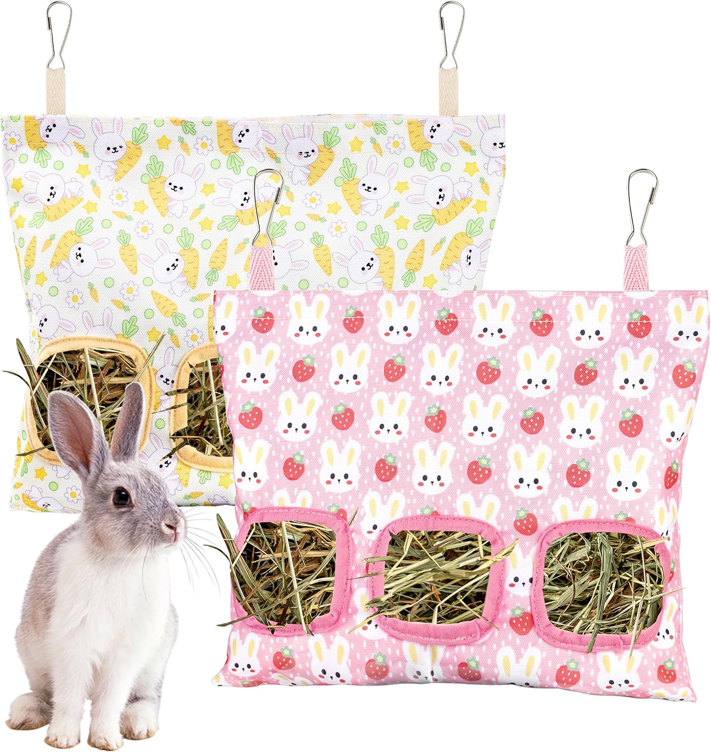Lesnala 2pcs Bunny hay feeder Rabbit hay feeder bag Hanging guinea pig hay bag Large capacity cotton canvas fabric hay bag for Rabbits Bunny Chinchillas Hamsters and Other Small Pets(3 Holes,2 styles) - Image 9