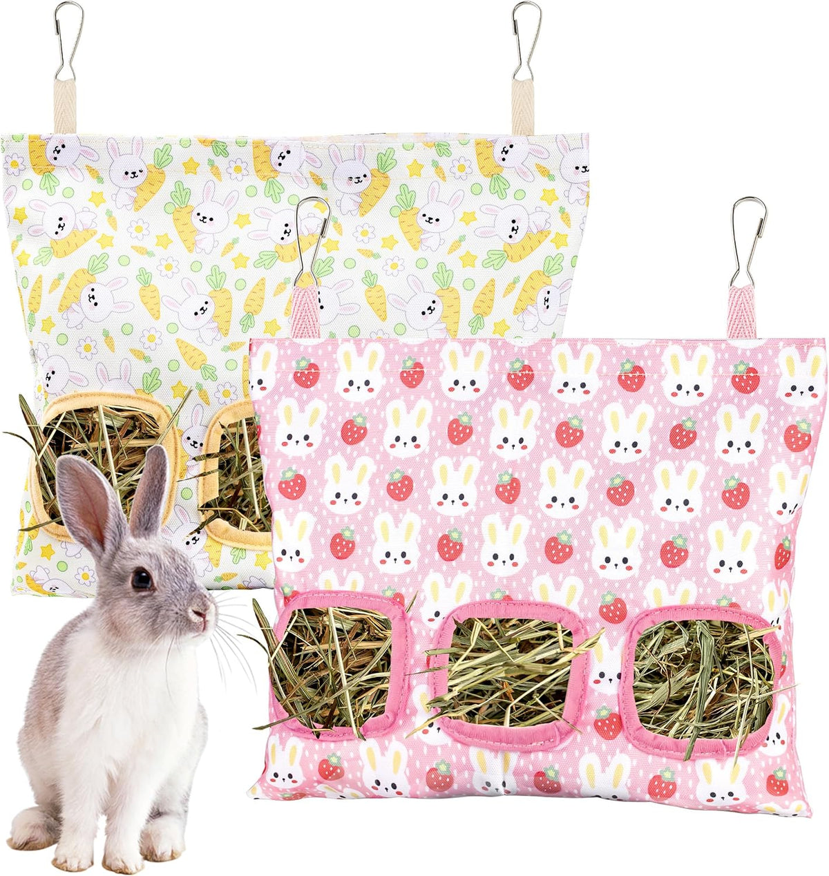 Lesnala 2pcs Bunny hay feeder Rabbit hay feeder bag Hanging guinea pig hay bag Large capacity cotton canvas fabric hay bag for Rabbits Bunny Chinchillas Hamsters and Other Small Pets(3 Holes,2 styles) - Image 9