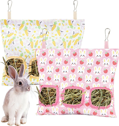 Lesnala 2pcs Bunny hay feeder Rabbit hay feeder bag Hanging guinea pig hay bag Large capacity cotton canvas fabric hay bag for Rabbits Bunny Chinchillas Hamsters and Other Small Pets(3 Holes,2 styles) - Image 9