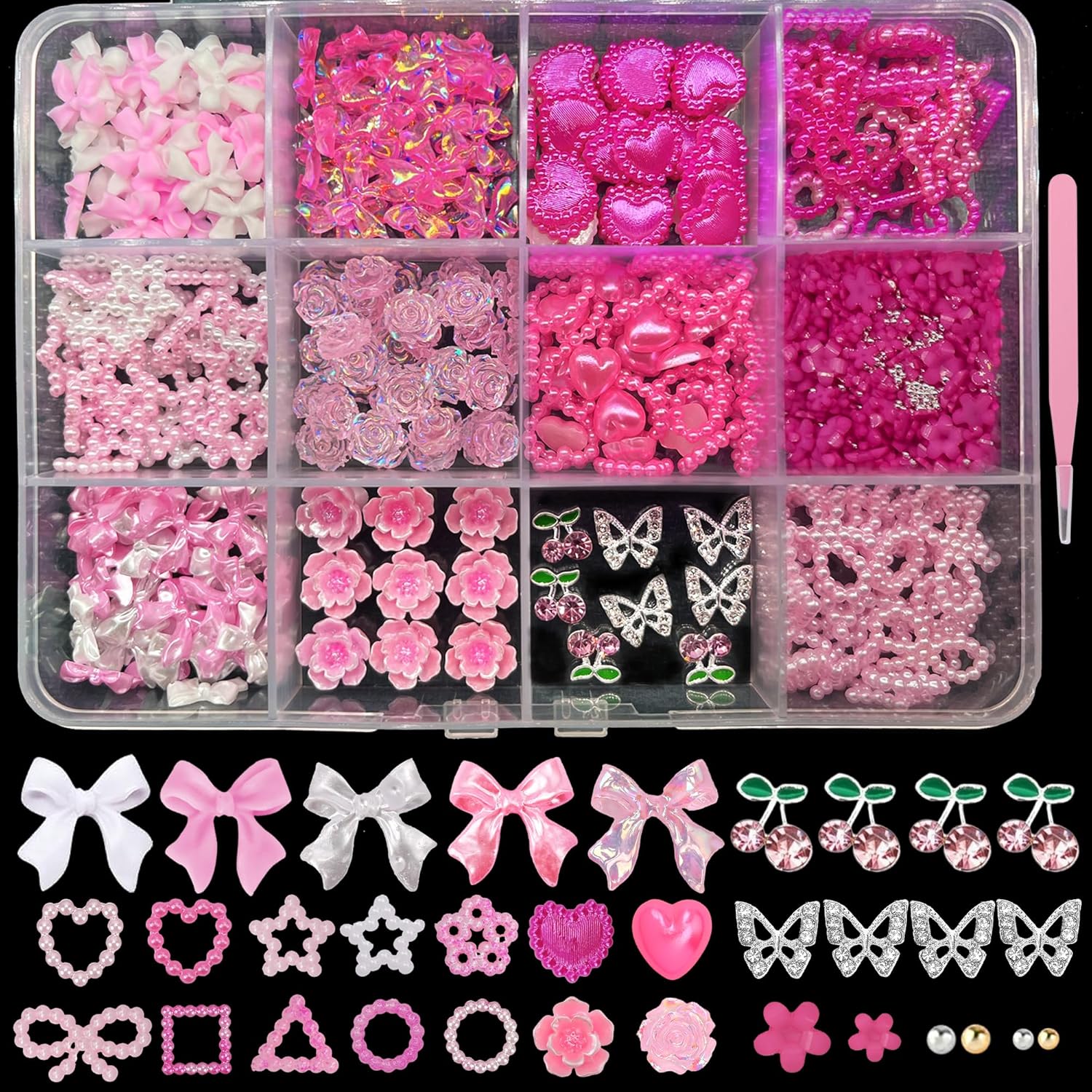 Hotlea 600 pieces 3D nail charms set front view