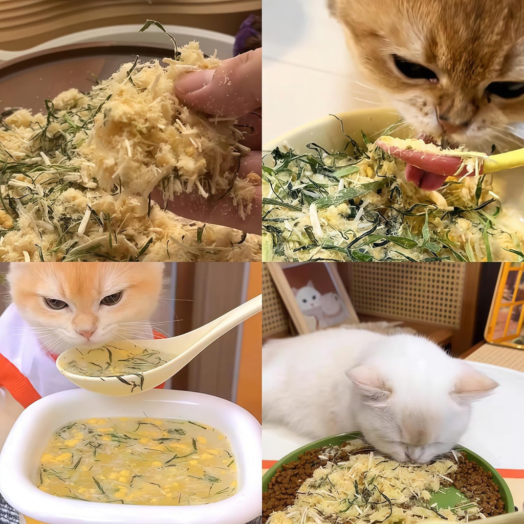 Glopawear freeze dried cat food mixers containing chicken breast and high fiber grass.