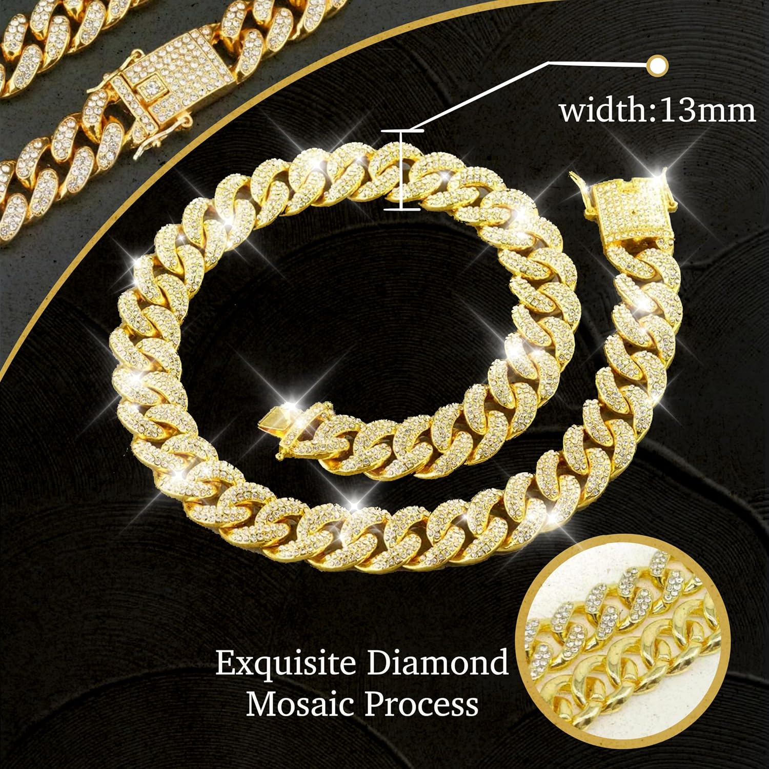 Side angle profile of the thirteen millimeter wide gold crystal pet collar for small and medium dogs