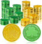 OHOME St Patricks Day Gold Coins 120 Pieces front view of shiny green and gold plastic clover coins spread on a table