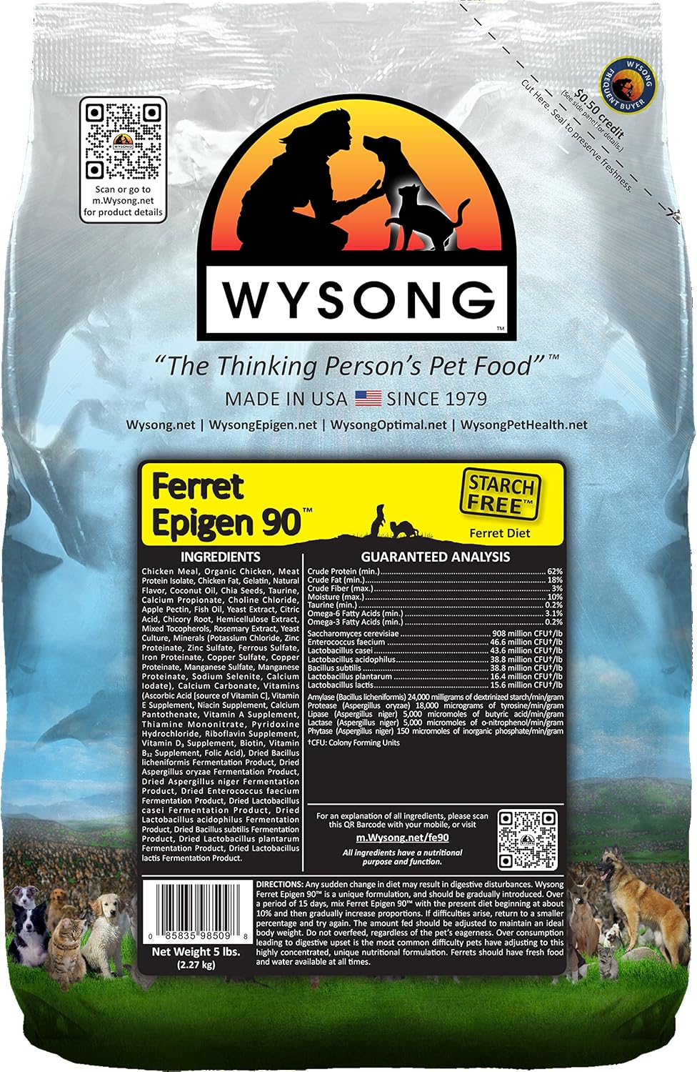 Wysong Ferret Epigen 90 starch free dry food front view bag for carnivore nutrition