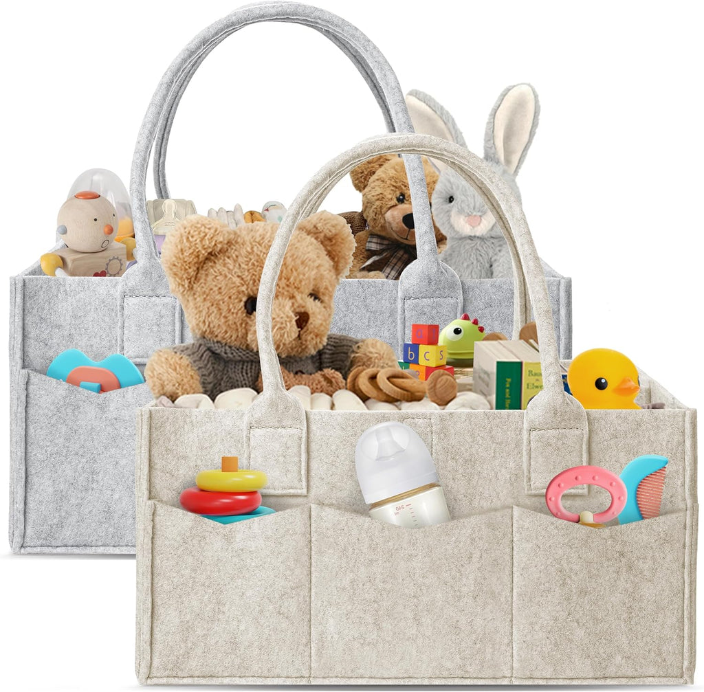 Hiphop Panda diaper caddy organizer front view in grey and oatmeal