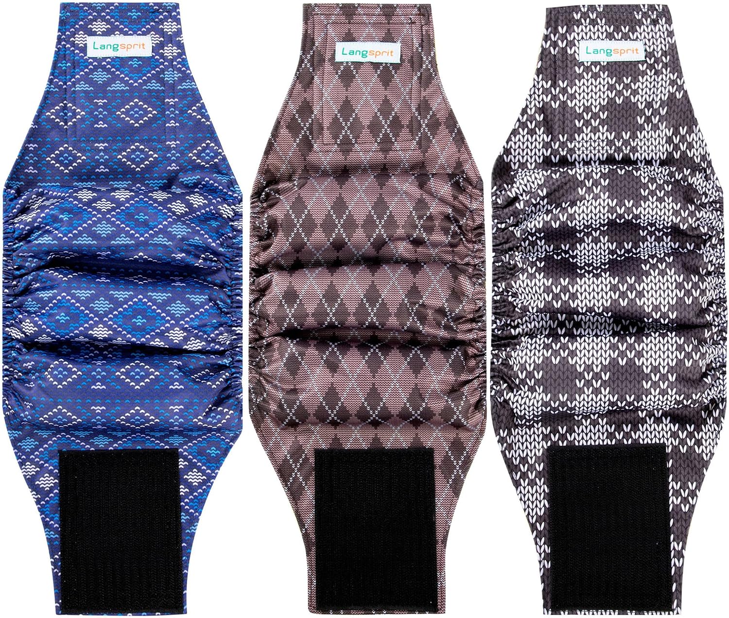 Three pack of premium imported male dog waist wraps on white background
