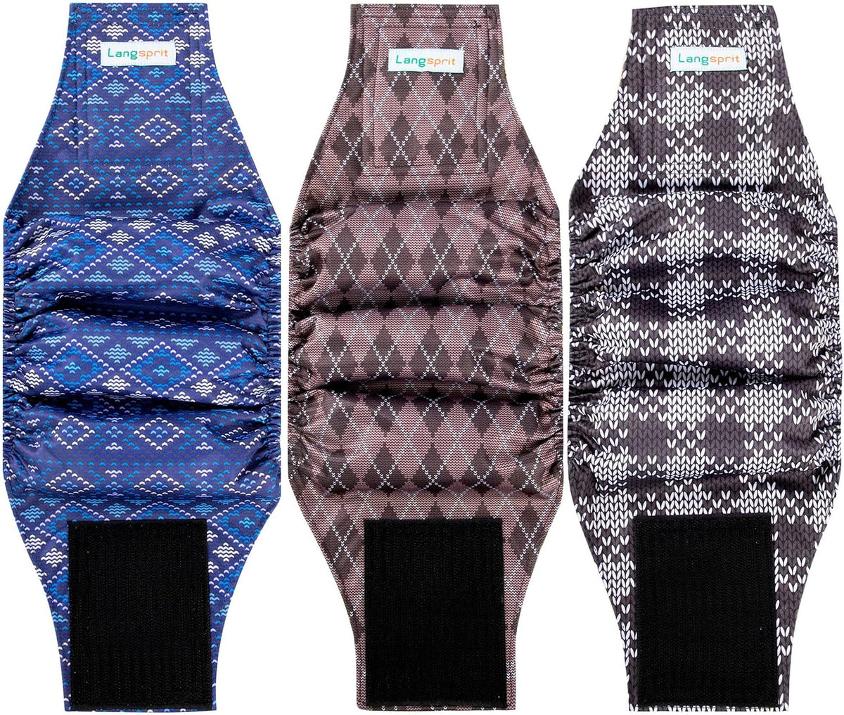 Three pack of premium imported male dog waist wraps on white background