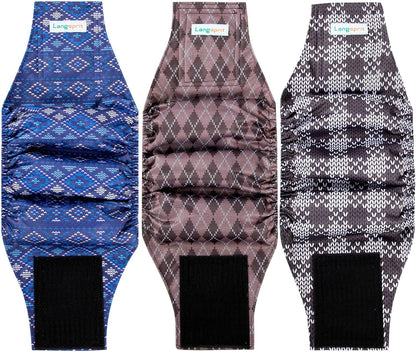 Three pack of premium imported male dog waist wraps on white background