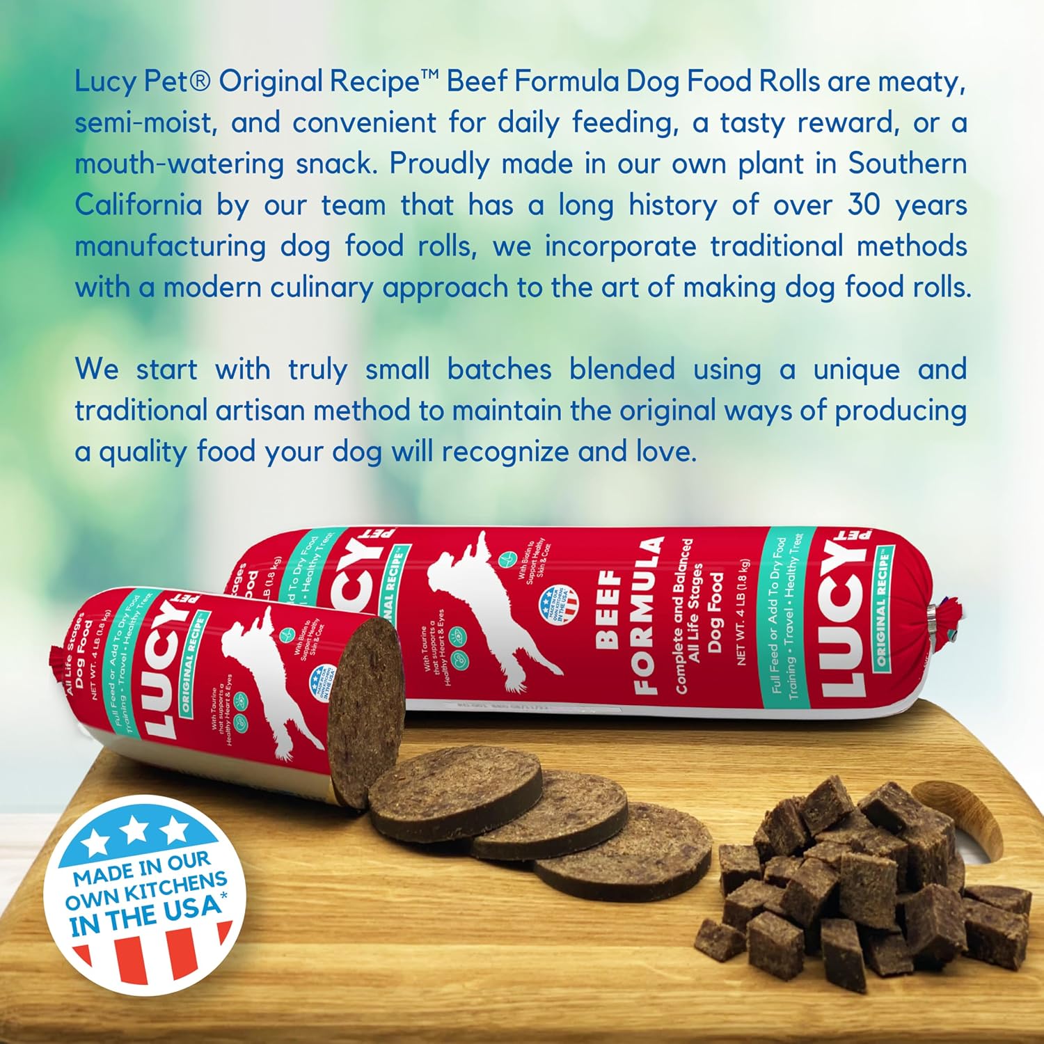 Side profile of Lucy Pet Products beef dog food roll