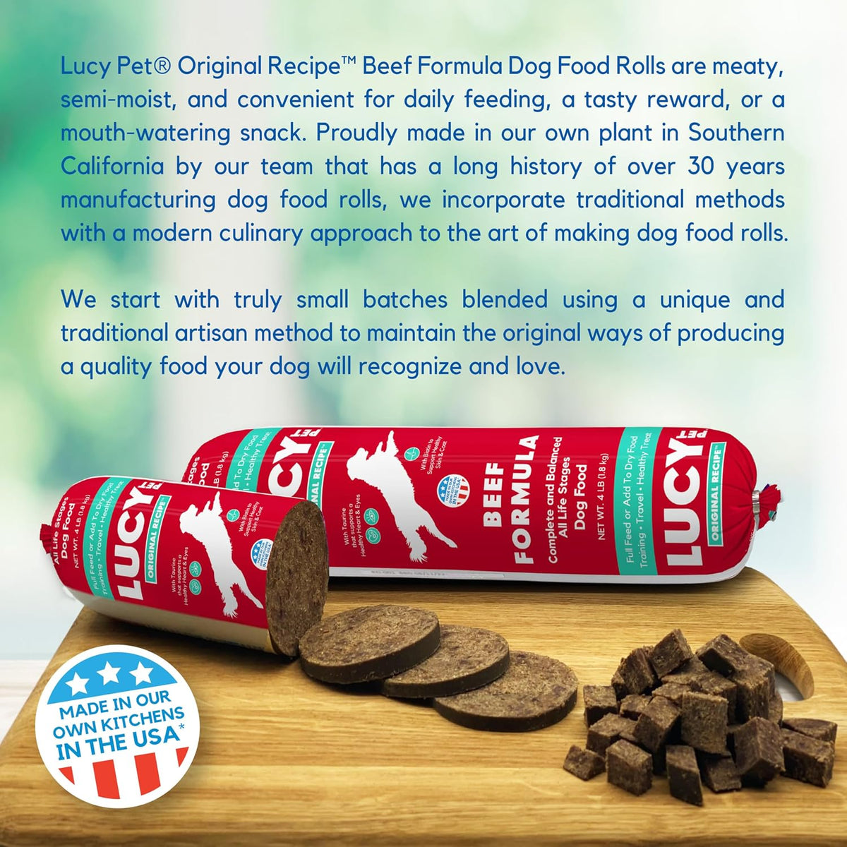 Side profile of Lucy Pet Products beef dog food roll