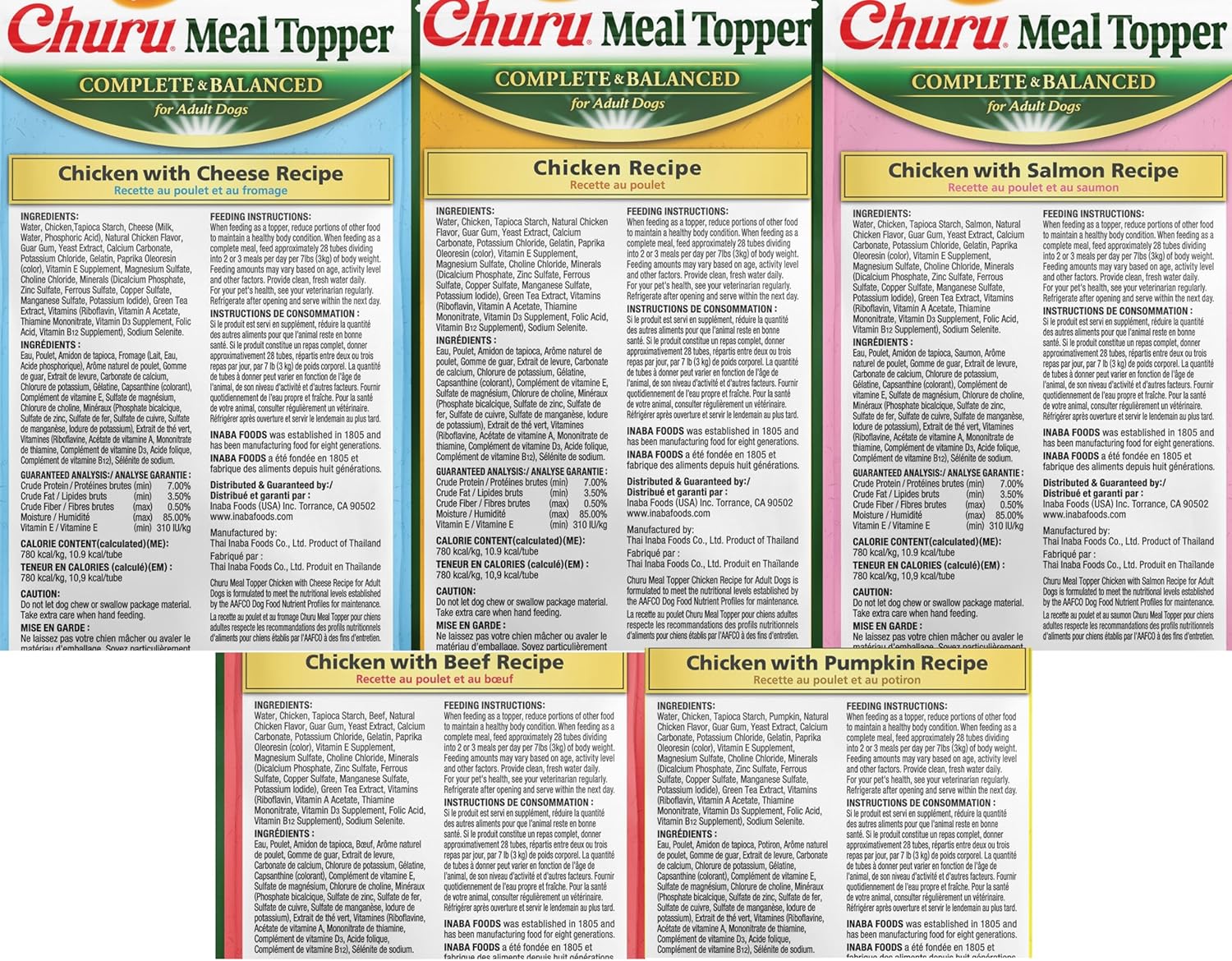 Lickable puree dog food topper tubes in multiple flavors being squeezed