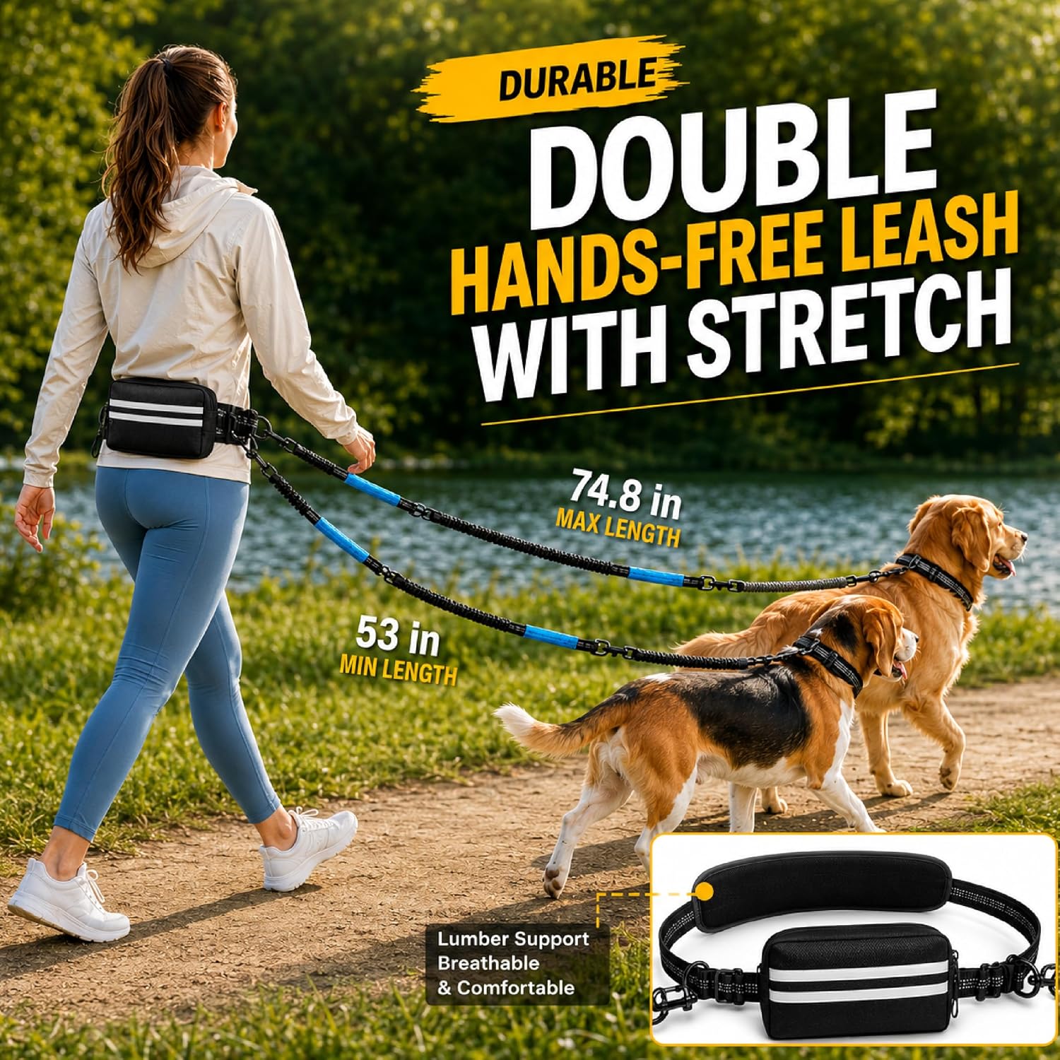 Shock absorbing dual bungee dog leash showing close up of tear resistant nylon material.