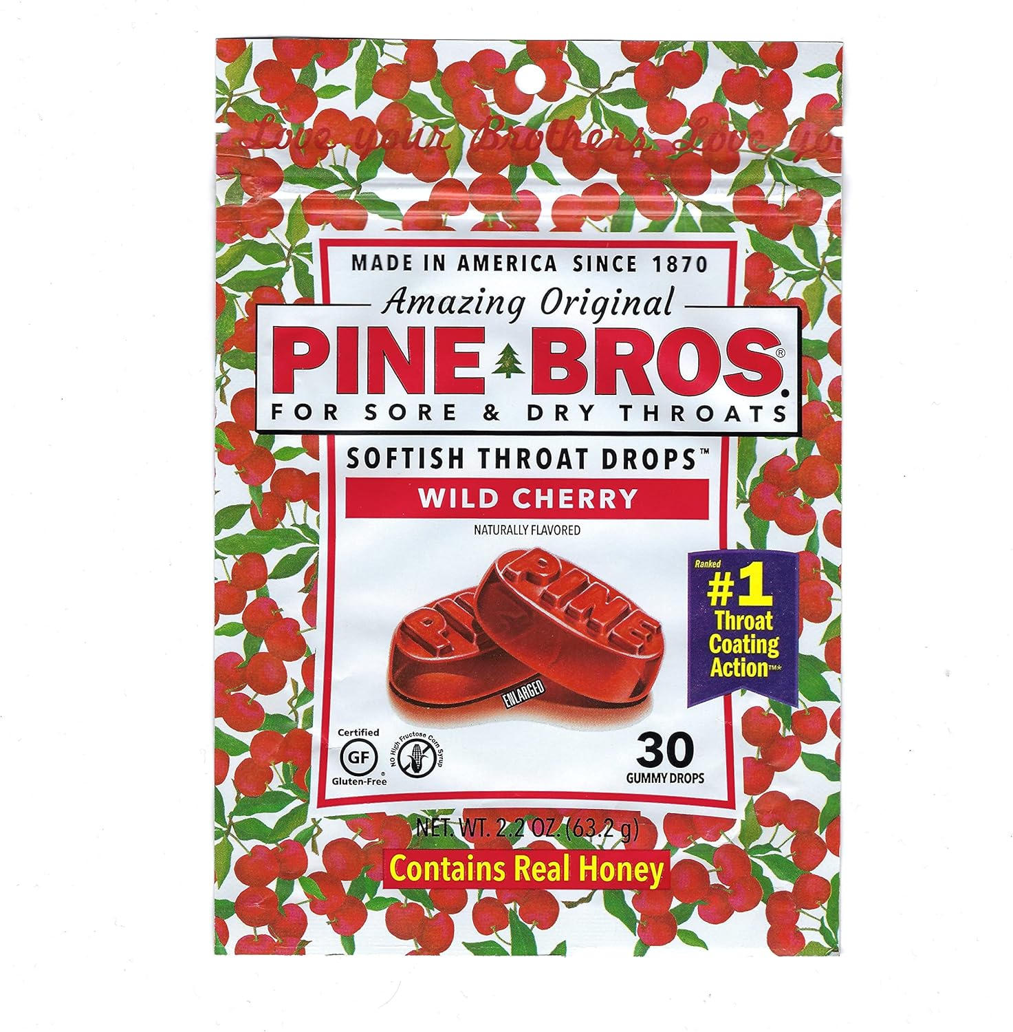 Pine Bros Gummy Sore Throat Softish Drops Wild Cherry 30 Count front packaging view for throat irritation relief