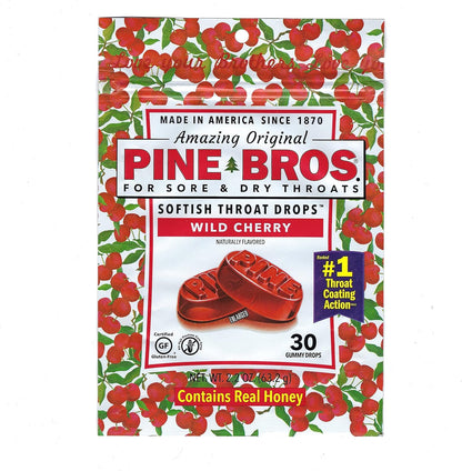 Pine Bros Gummy Sore Throat Softish Drops Wild Cherry 30 Count front packaging view for throat irritation relief