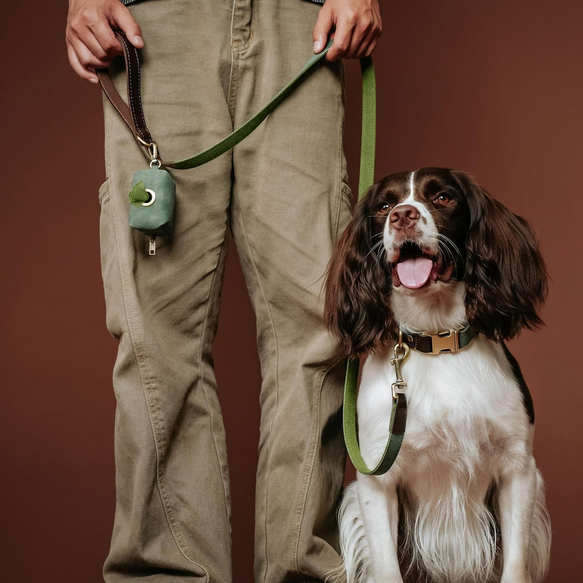 Close up of soft padded nylon handle on green faux leather pet leash