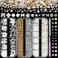Belleboost Uotey flatback pearls and 3D flowers front view showcasing three storage boxes and application tools.