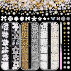 Belleboost Uotey flatback pearls and 3D flowers front view showcasing three storage boxes and application tools.