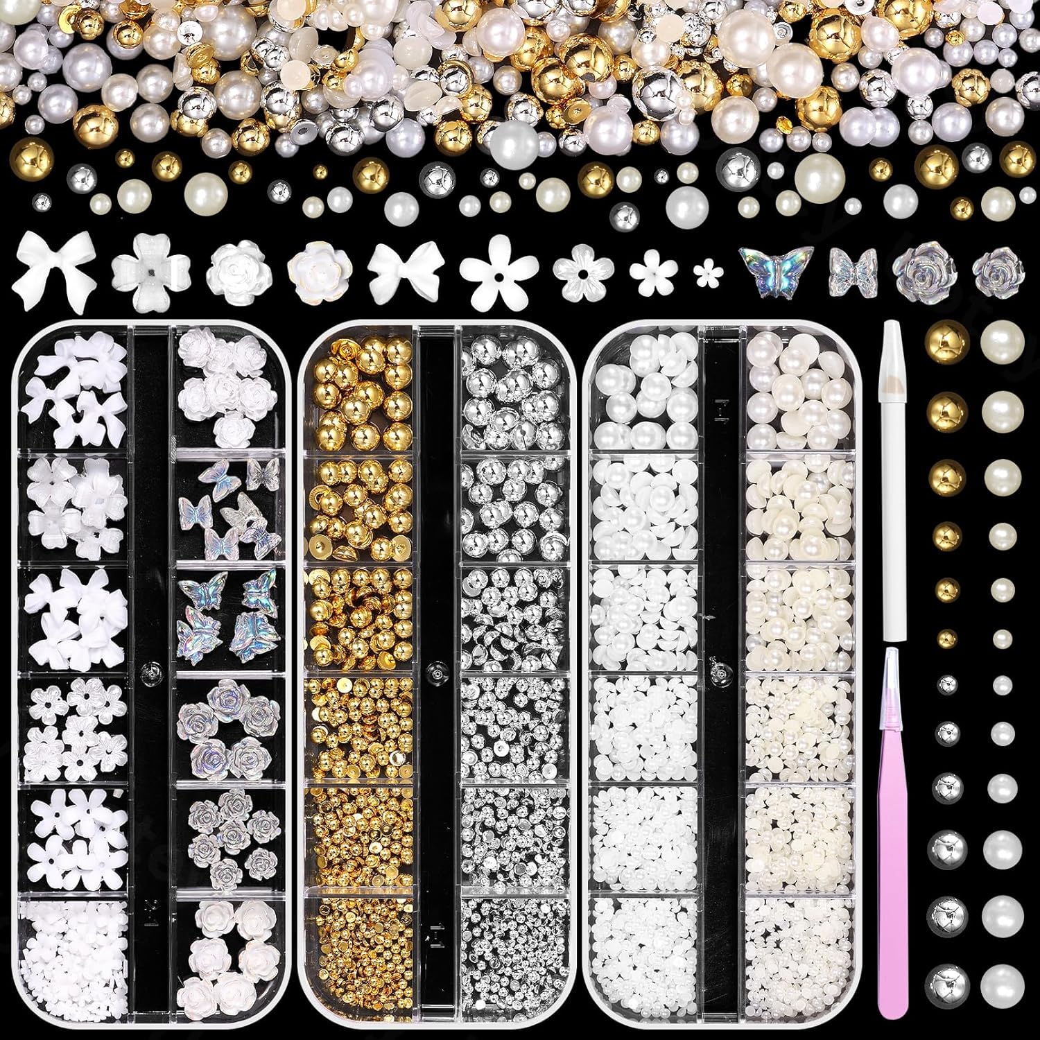 Uotey 3D flower and pearl nail charm kit front view
