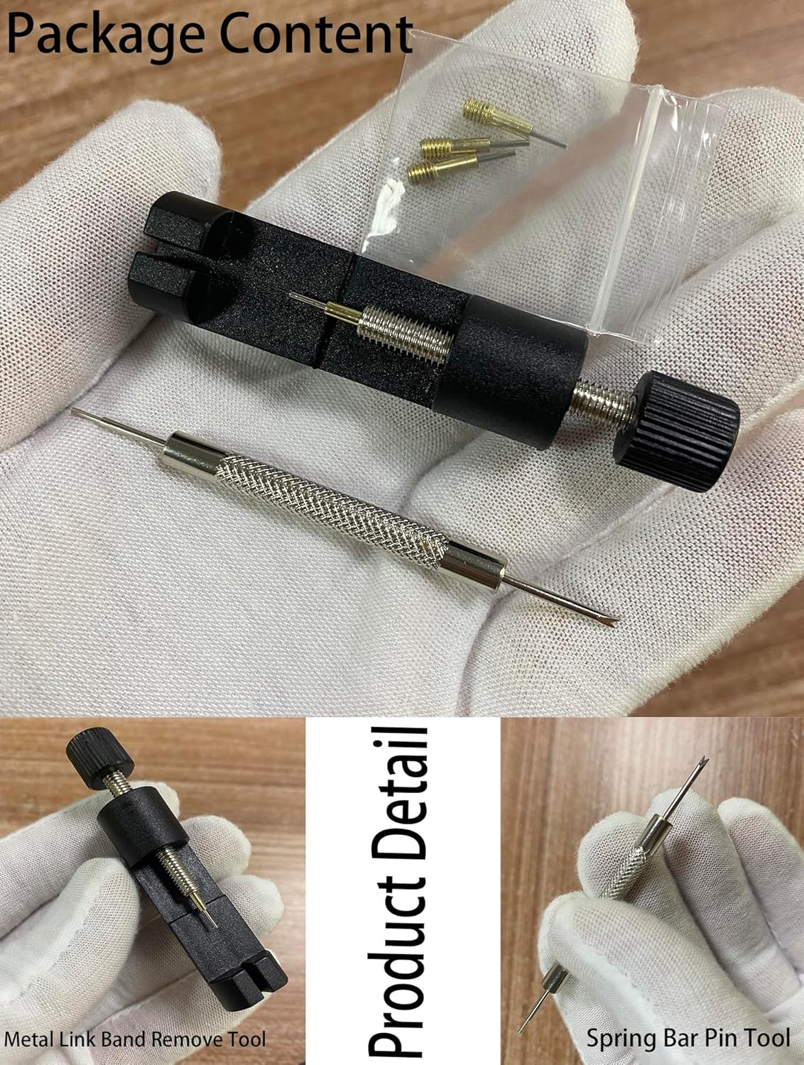 Close up of watch strap adjuster tool alignment with a metal watch bracelet for link pin removal.