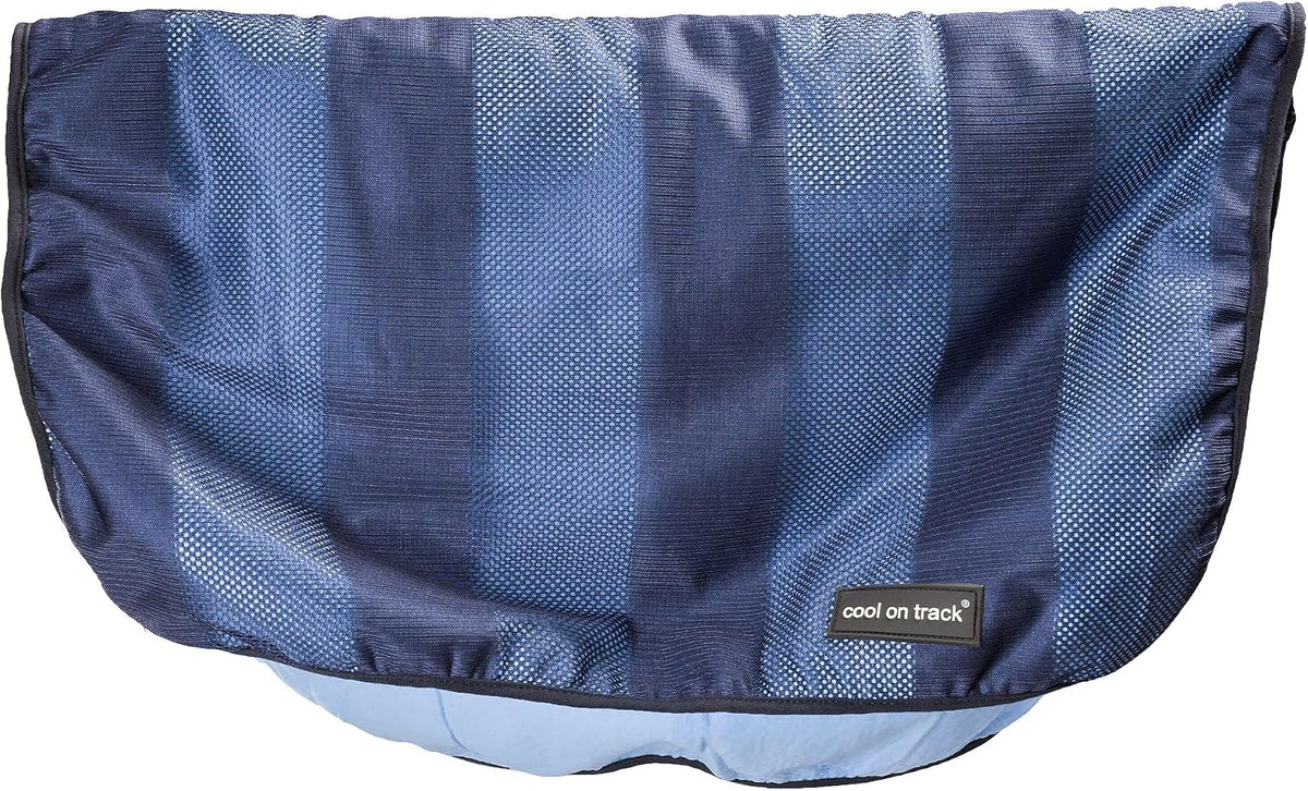 Back on Track Cool on Track Cooling Towel front view showing blue striped mesh fabric