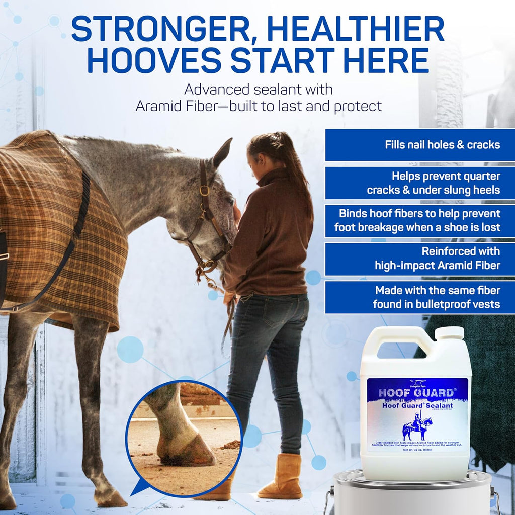 Fiber fortified hoof protector liquid formula showing clear consistency for horse hooves