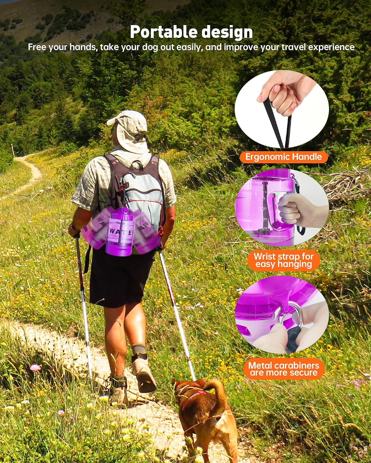 PetNF outdoor dog water bottle attached to a travel backpack