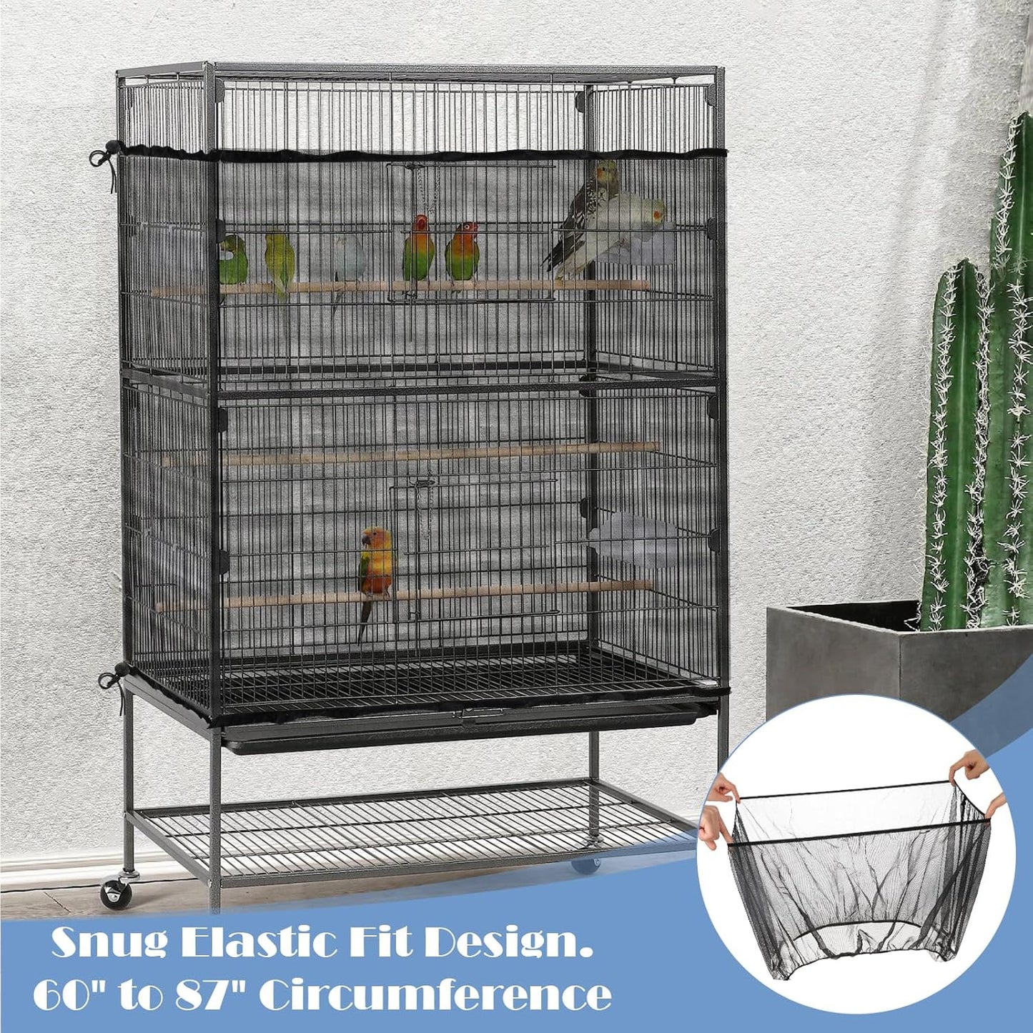 Black polyester bird cage skirt being slipped onto a large cockatiel enclosure.