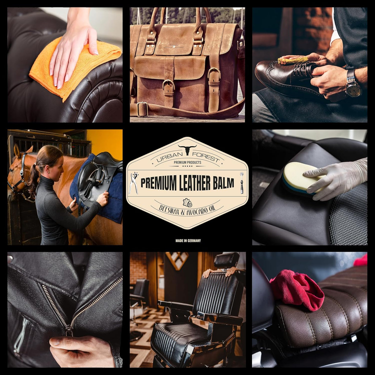 Urban Forest Leather Conditioner back label showing beeswax and avocado oil ingredients.