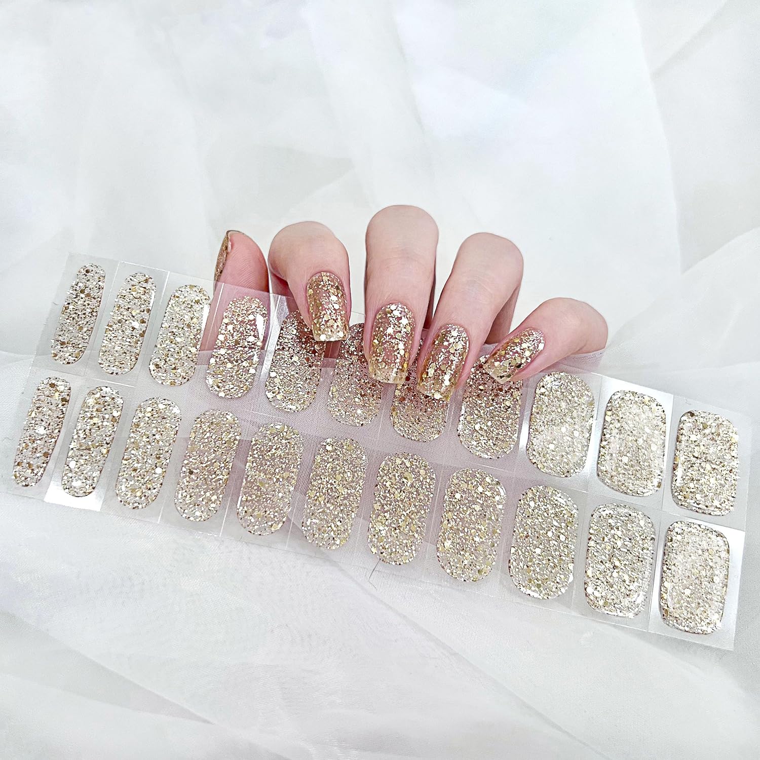 Zoft Ztore semi cured gel nail strips pack front view highlighting premium gold glitter stickers.