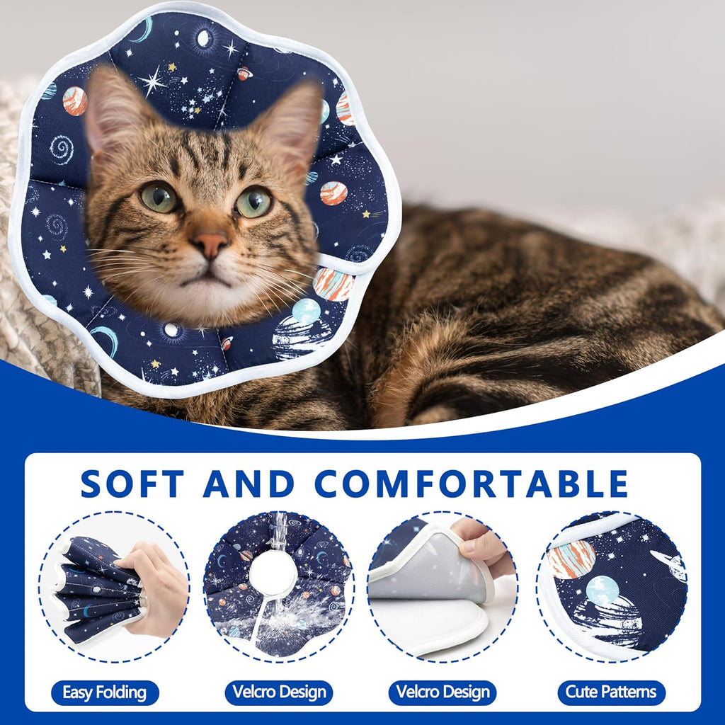 Small dark blue cat recovery collar with water resistant twill composite fabric texture close up