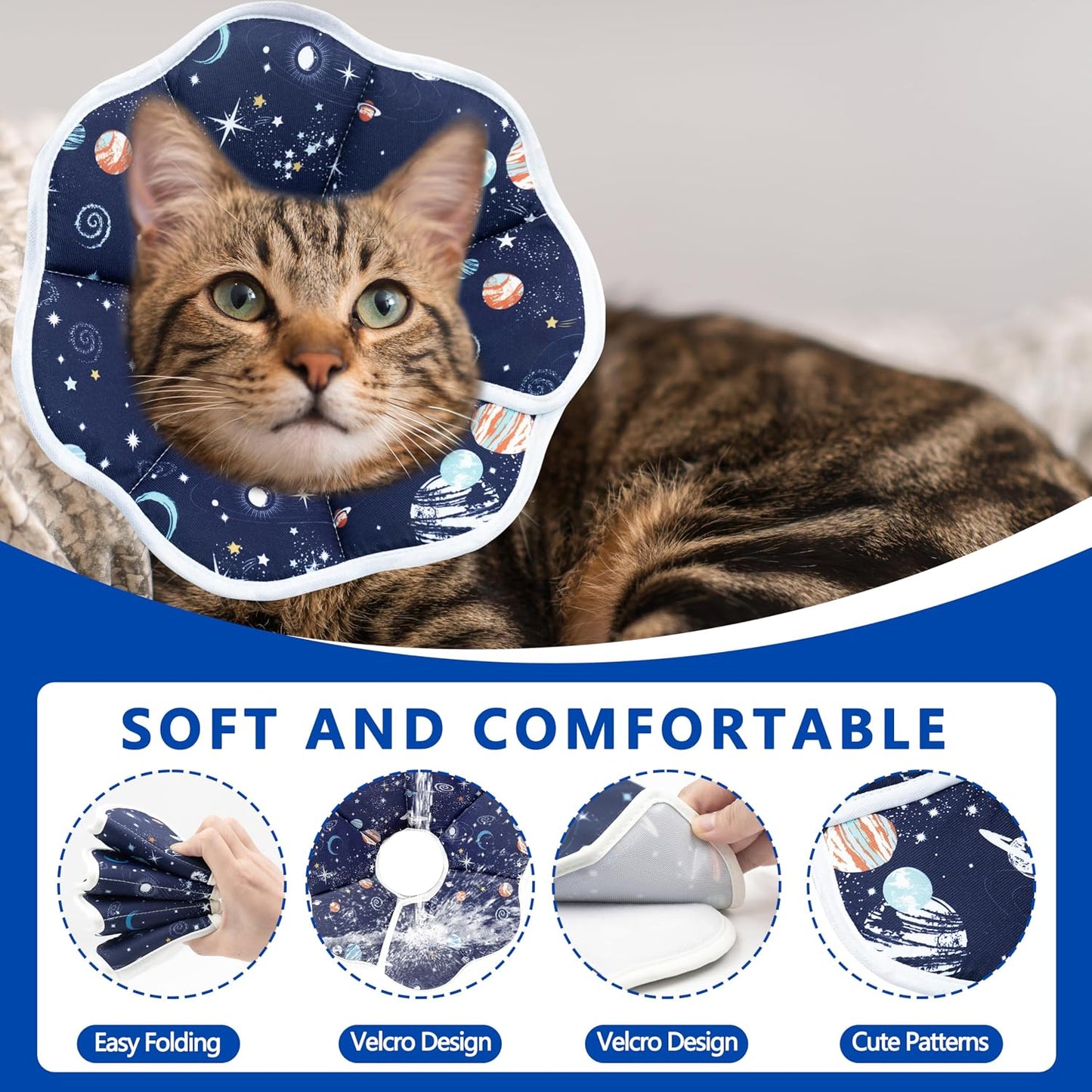 Small dark blue cat recovery collar with water resistant twill composite fabric texture close up