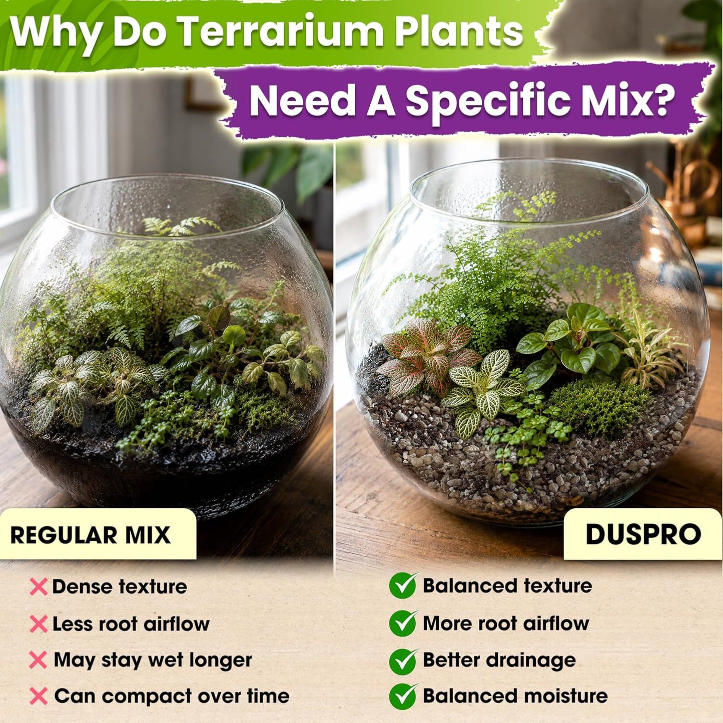 Duspro terrarium soil mix poured out onto a workspace showing the distinct textures of perlite pumice and pine bark