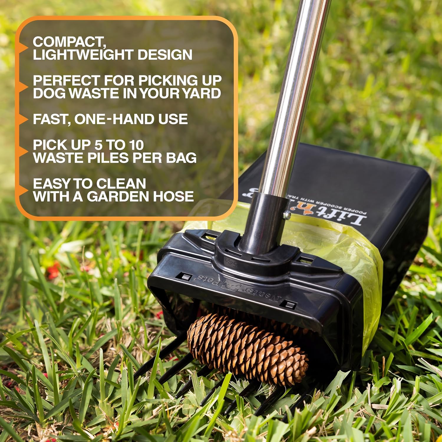 Neater Pet Brands pet waste scooper with twenty two inch long handle pole.